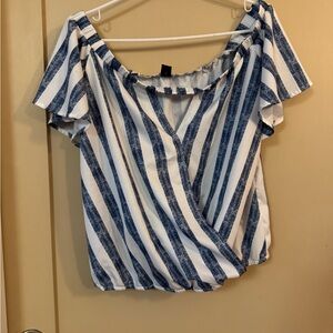 SHEIN Blue and White Striped Off-Shoulder Blouse